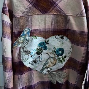 Handmade Upcycled Purple Plaid Flannel Shacket | Heart Bird Appliqué | S